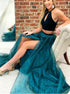 Two Piece A Line Crew Turquoise Organza Prom Dress with Split Keyhole LBQ3791